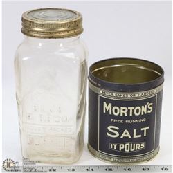 MORTONS SALT TIN & EMBOSSED BLUE RIBBON MASON JAR