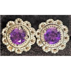 #40)STERLING SILVER AMETHYST STUD EARRINGS