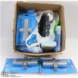 BOX OF ASSORTED NEW SHELF SUPPORTS AND ICE PACKS