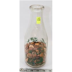 VINTAGE MILK BOTTLE FULL OF ASSORTED PENNIES