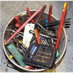 PAIL OF DRILL BITS, CUTTING BLADES AND MORE