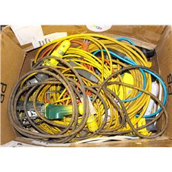 BOX OF EXTENSION CORDS AND SAFETY WORK LIGHTS
