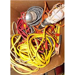 BOX OF BOOSTER CABLES AND JOB SITE WORK LIGHTS