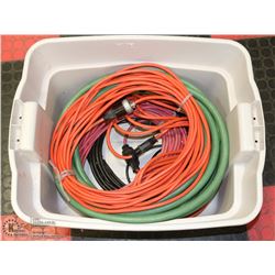 TUB OF ELECTRICAL EXTENSION CORDS & WATER HOSE.