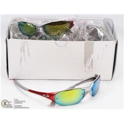 BOX OF RED AND SILVER SUNGLASSES