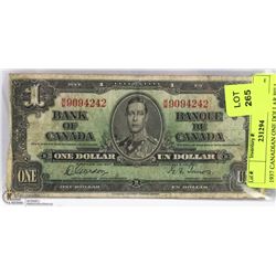 1937 CANADIAN ONE DOLLAR BILL.
