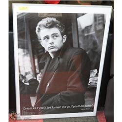 LARGE FRAMED BLACK & WHITE JAMES DEAN POSTER -