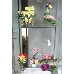 2 SHELVES OF CERAMIC FLOWERS - CAPODIMONTE ITALY &