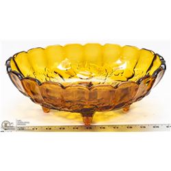 LARGE VINTAGE AMBER GLASS 4 FOOTED FRUIT BOWL -