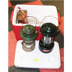 COLEMAN COOLER WITH COLEMAN LANTERN, 2 CANS OF