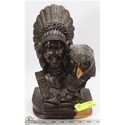 WOOD CARVED EAGLE AND NATIVE CHIEF ORNAMENT