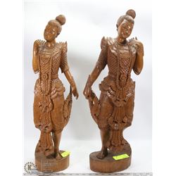 PAIR OF WOOD CARVED CHINESE LADY ORNAMENTS