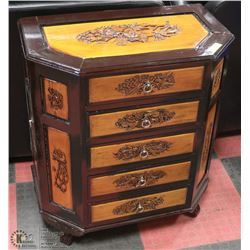 CARVED WOODEN 5 DRAWER 2 SIDED DOOR CHEST