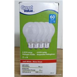 Four Pack Great Value 60W A19 Soft White Light Bulbs