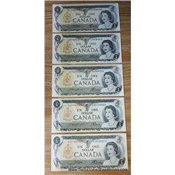 x5 1973 Uncirculated Canadian $1 Bank Notes