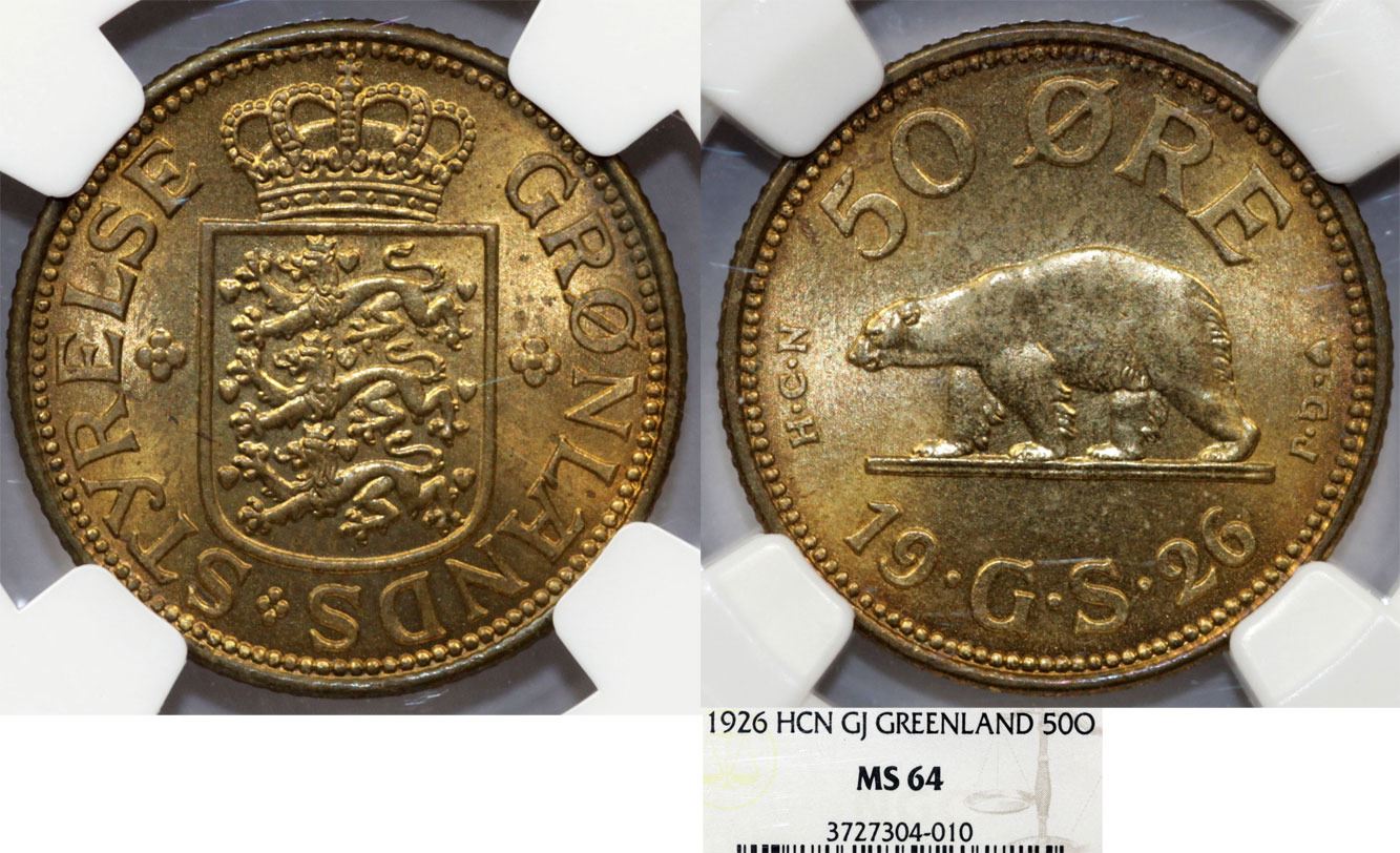 Greenland Scarce In Grade 50 Ore 1926 Hcn Gj Ngc Ms64
