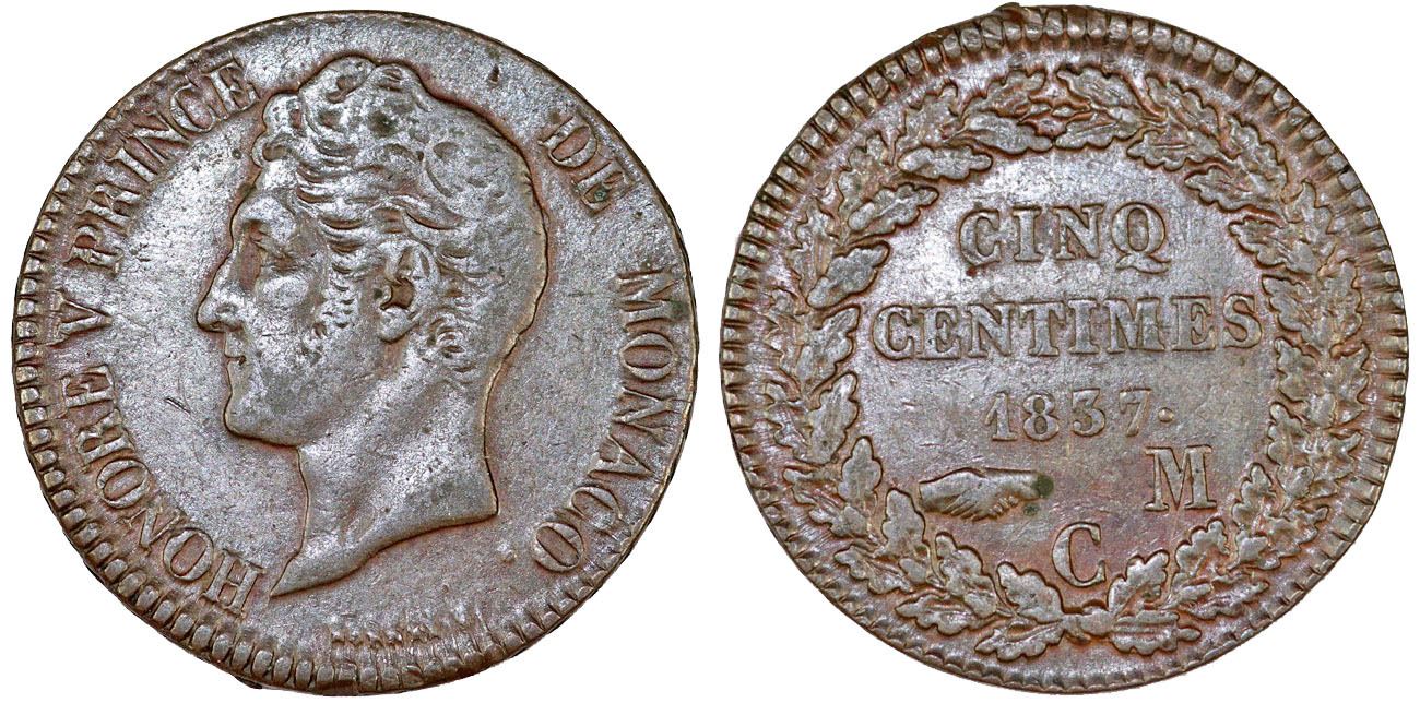 Monaco Prince Honore V 1819 1841 Scarce Ae Un Decime 17 M Xf Toned