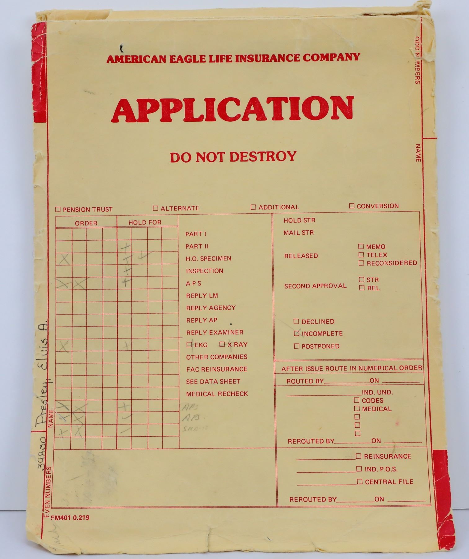 Elvis Presley American Eagle Life Insurance File
