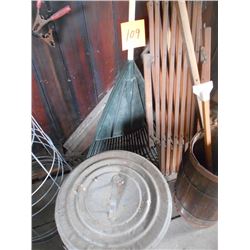 Battery Chargers, Tire Iron, Garbage Can, Leaf Rake, Tomato Cages