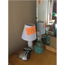 BUNDLE LOT: White Vanity Lamp, 2 Clock Radios, Framed Deer Picture