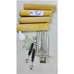 BUNDLE LOT: Wooden Roller, Water Jugs (9), S& P Shakers, Plastic Pitcher, 2 Bowls, MORE!