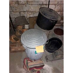 BUNDLE LOT: Metal Containers, Lunch Pails, Cake Safe, Thermos, Garbage Cans, Baskets