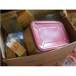 Misc Box Lot: Twinkle Copper Cleaner, Gulf Spray Insecticide, Pitcher, Thermos