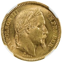 FRANCE: Napoleon III, 1852-1870, AV 20 francs, Strasbourg, 1863-BB. NGC MS63