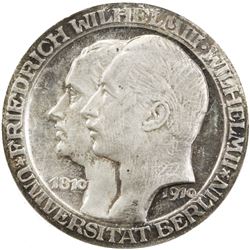 PRUSSIA: Wilhelm II, 1888-1918, AR 3 mark, 1910-A. PCGS PF64