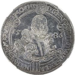 SAXE-OLD-WEIMAR: Friedrich Weimar I & Johann III, 1573-1603, AR thaler, Saalfeld, 1586. NGC EF45