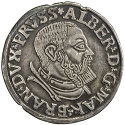 TEUTONIC ORDER: Albrecht von Braunschweig-Ansbach, 1525-1568, AR 3 groschen (2.59g), Konigsberg, 153