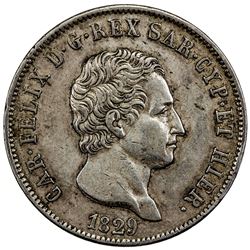 SARDINIA: Carlo Felice, 1821-1831, AR 5 lire, Genoa, 1829. EF