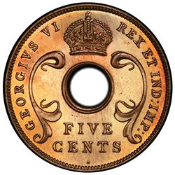 EAST AFRICA: George VI, 1937-1952, AE 5 cents, 1937-H. PCGS SP66