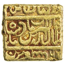 MUGHAL: Akbar I, 1556-1605, AV square mohur (12.23g), "Urdu Zafar Qarin" (blundered), AH"1000". VF