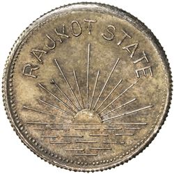 RAJKOT: Dharmendra Singh, 1930-1948, AR medallic mohur (5.84g), 1945. UNC