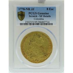 1778-NR JJ Columbia 8 Escudos Gold Coin PCGS XF Details
