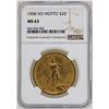 1908 No Motto $20 St. Gaudens Double Eagle Gold Coin NGC MS63