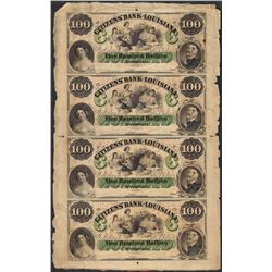 Uncut Sheet of 1800's $100 Citizens Bank of Louisiana Obsolete Notes