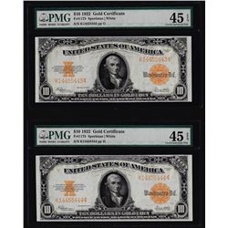Lot of (2) Consecutive 1922 $10 Gold Certificate Notes PMG Extremely Fine 45EPQ