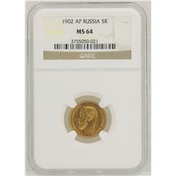 1902AP Russia 5 Roubles Gold Coin NGC MS64