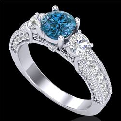 2.07 CTW Intense Blue Diamond Solitaire Art Deco 3 Stone Ring 18K White Gold - REF-254W5F - 37782