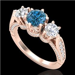 2.18 CTW Intense Blue Diamond Solitaire Art Deco 3 Stone Ring 18K Rose Gold - REF-254X5T - 38112