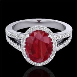 3 CTW Ruby & Micro Pave VS/SI Diamond Halo Solitaire Ring 18K White Gold - REF-78F2N - 20947