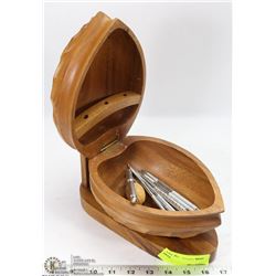 WOODEN WALNUT SHAPE NUT BOWL WITH CONTENTS