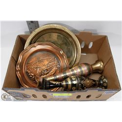 FLAT OF  VINTAGE BRASS VASES , COPPER AND  MORE