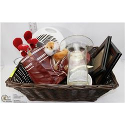 BASKET OF HOUSE & OFFICE ITEMS INCL HEATER, CLOCK,