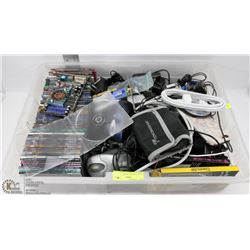 BIN OF ASSORTED PHONE CHARGERS,CASES, CD CASES,