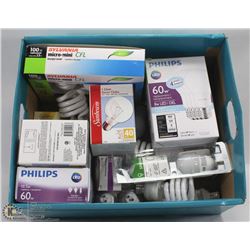 BOX FULL OF NEW LIGHT BULBS INCL. LED, CFL