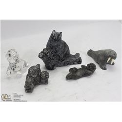 LOT OF 4 SOAP STONE CARVINGS AND CRYSTAL DOG