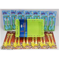 TOTE FULL OF NEW  SPOON AND FORK SETS INCL EMOJI.